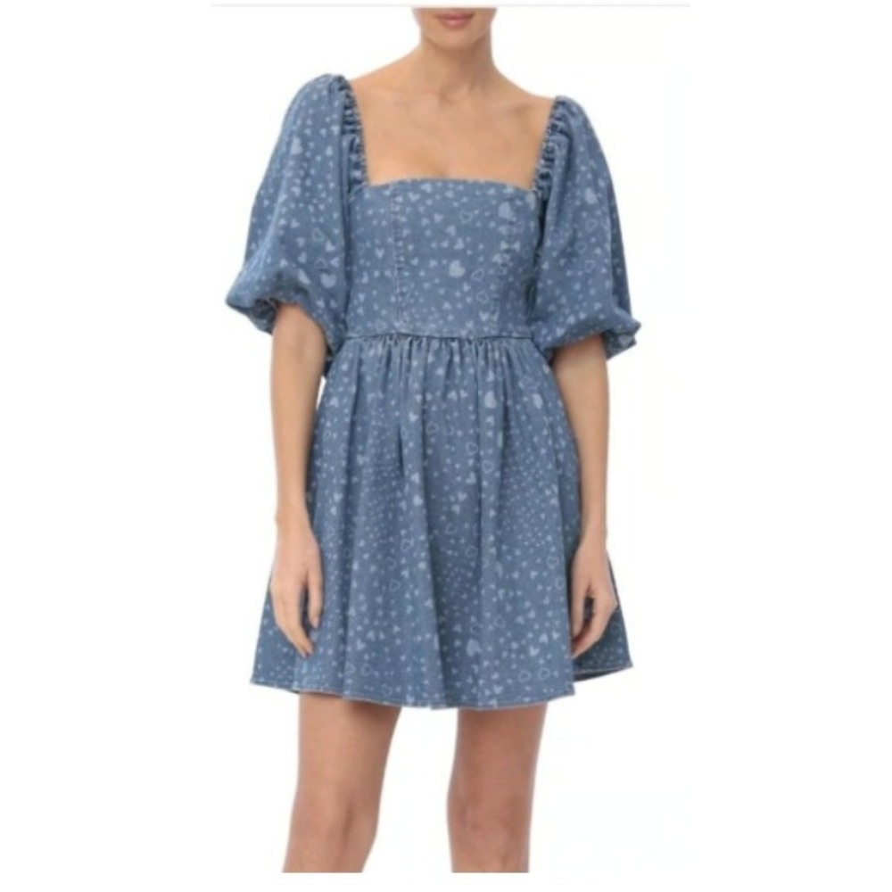 AVEC LES FILLES Blue Denim Heart Print Mini Dress XS NEW Puff Sleeve Bow Casual